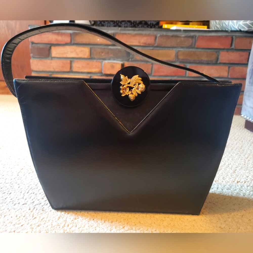 Large Black Caprice Vintage Purse Top Handle, Ornate Clasp Closure. V styling